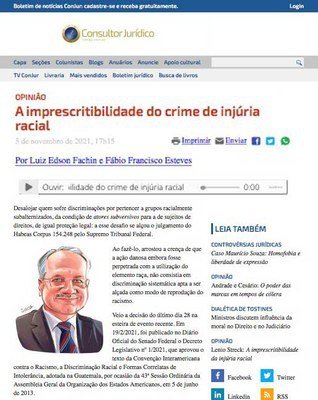 Artigo de juiz do TJDFT trata da imprescritibilidade do crime de injúria racial