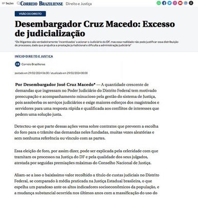 Presidente do TJDFT publica artigo no Correio Braziliense sobre excesso de judicialização
