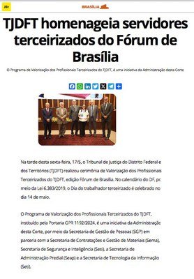 Homenagem do TJDFT a servidores terceirizados é destaque no Jornal de Brasília