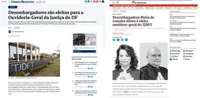 Correio Braziliense e Metrópoles destacam eleição dos novos Ouvidores-Gerais da Justiça do DF