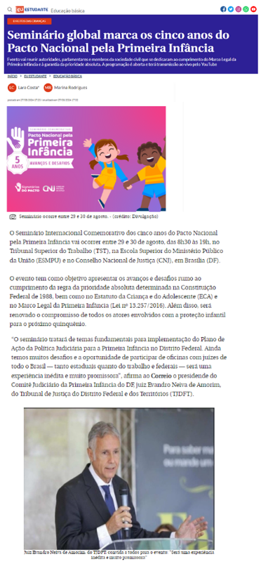 TJDFT é destaque no Correio Braziliense sobre Seminário de 5 anos do Pacto Nacional pela Primeira Infância